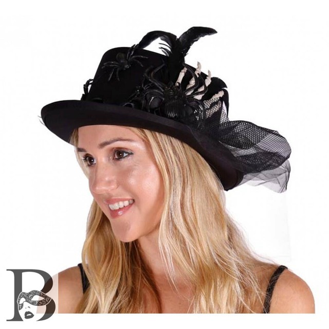 Women Black Hat Veil Halloween Steampunk Costume Feathers Fascinator