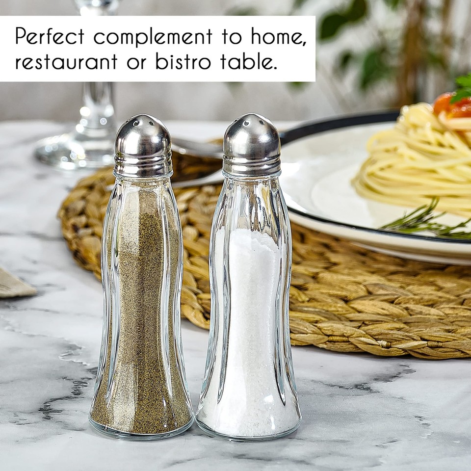 Salt and Pepper Shakers Glass Set, Clear Curved Design, Classic