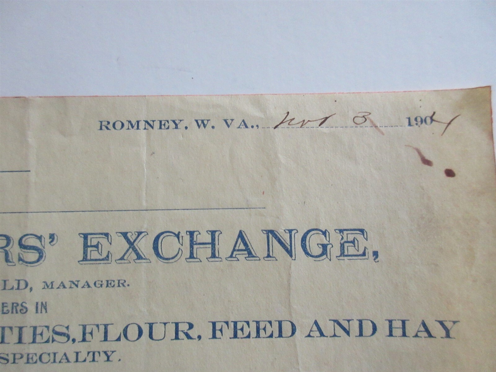 1904 Farmers' Exchange billhead invoice Romney, WV Flour, Feed, Hay