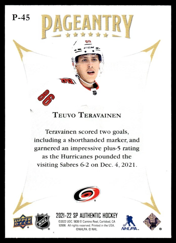 2021-22 SP Authentic Pageantry Teuvo Teravainen Carolina Hurricanes #P-45 - Image 2 of 2