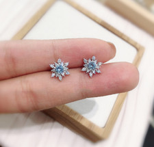 Pave Blue Cubic Zirconia Frozen Snowflake Flower Silver Stud Earrings
