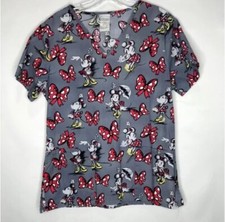 Disney Woman  s Top sz Sm Nursing Scrub Retro Minnie Mouse Gray V-Neck