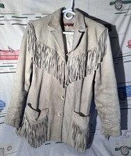 Vintage Beige Suede Leather Western Cowboy Indian Fringe Jacket Sasson L 12 14