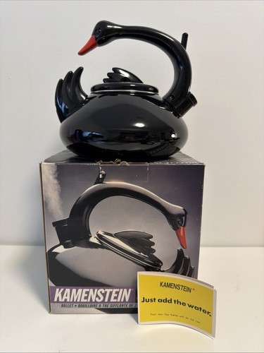 Vintage 90s KAMENSTEIN BLACK SWAN Whistling Tea Kettle Enamel Teapot VERY RARE!