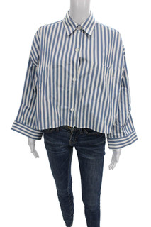 TWP Womens Cropped Collared Striped Cotton Button Up Long Sleeve Blue Size L