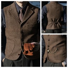 Mens Herringbone Wool Blend Vest XS-XXXL Western Vintage Formal Wedding Vests