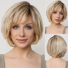Peluca rubia recta de pelo sintético en capas cortas para mujer blanca