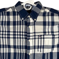 Tommy Hilfiger Mens Slim Fit Short Sleeve Plaid Button Down Shirt Navy White M