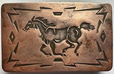 VINTAGE Chambers Belt Co. Southwest Copper Metal Belt Buckle Running Horse