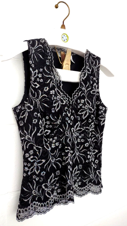 Винтажный 90-х Y2k Spiegel резинке Майка черный серебряный цветочный кружева v-образным вырезом фея вечеринки - Изображение 3 из 4