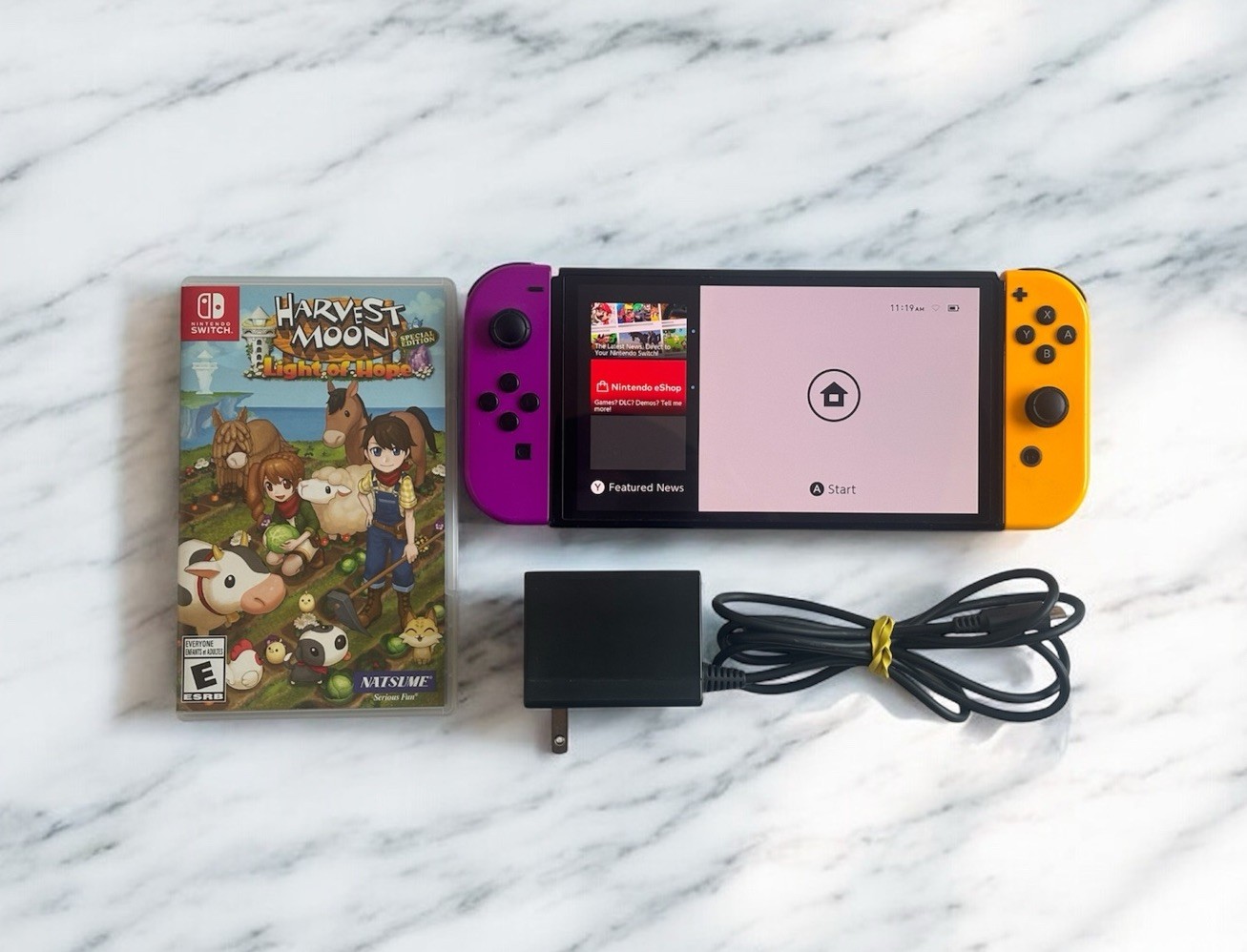 Nintendo Switch OLED Console 🔥 Orange & Purple Joy-Cons | 1 Game + Charger