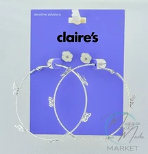 New Claire’s Sensitive Solutions Silver Butterfly Hoop Earrings with Studs