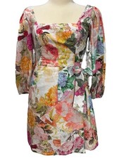 Vince Camuto Floral Print Boho Square Neck Wrap Mini Dress Linen blend Size 8