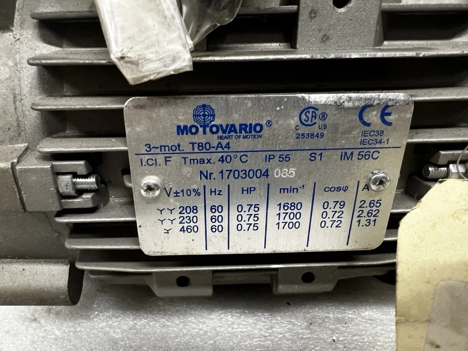 MOTOVARIO T80-A4 inverter duty 3phase .75 HP motor, DORNER 32M020ES423EN - Image 3 of 4
