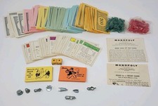 Vintage 1961 Monopoly Game Pieces - Houses, Hotels, All Cards  8 Pewter Tokens