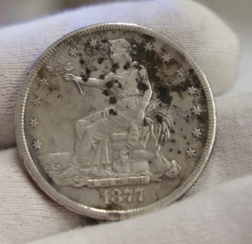 1877 S US Trade Silver Dollar $1 XF (Cleaned, Spots)