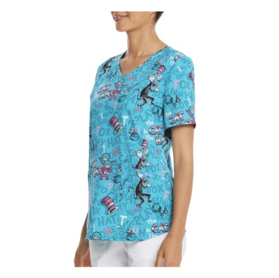 Scrubstar Cat Hat Fun Women s Size M Stretch Fashion Scrub Top V-Neck