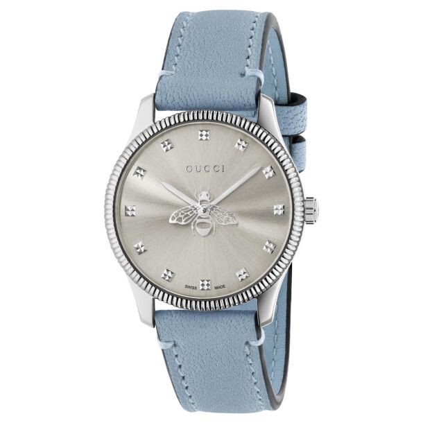 Gucci G-Timeless Quartz Silver Dial Blue Leather Strap Ladies  