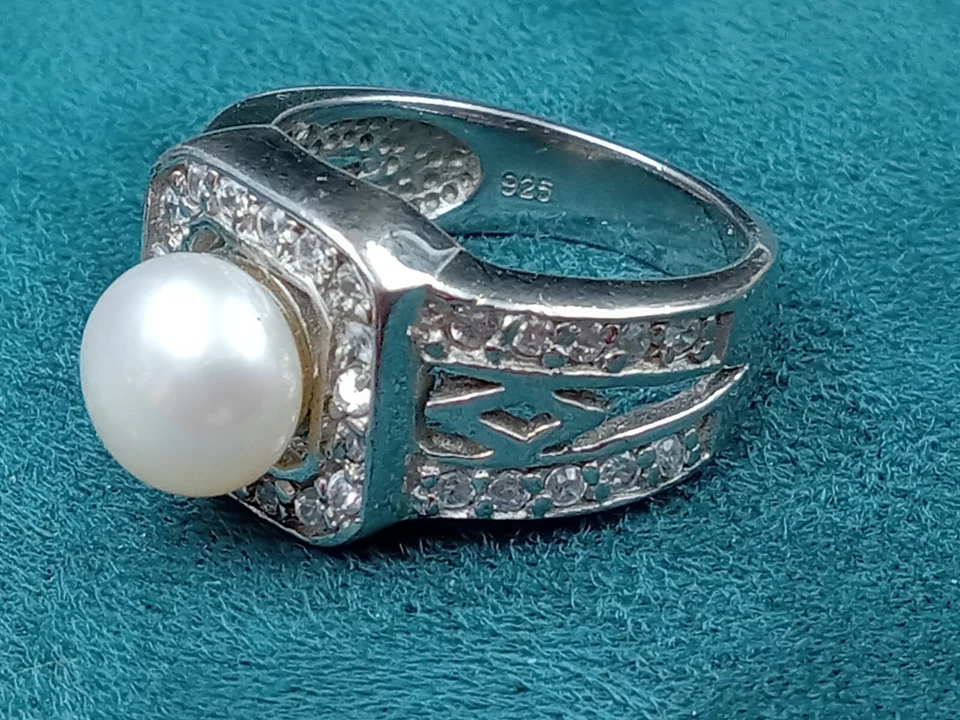 Glamouroso anel de prata esterlina coquetel com pérola configuração: tamanho 7 - Imagem 3 de 4