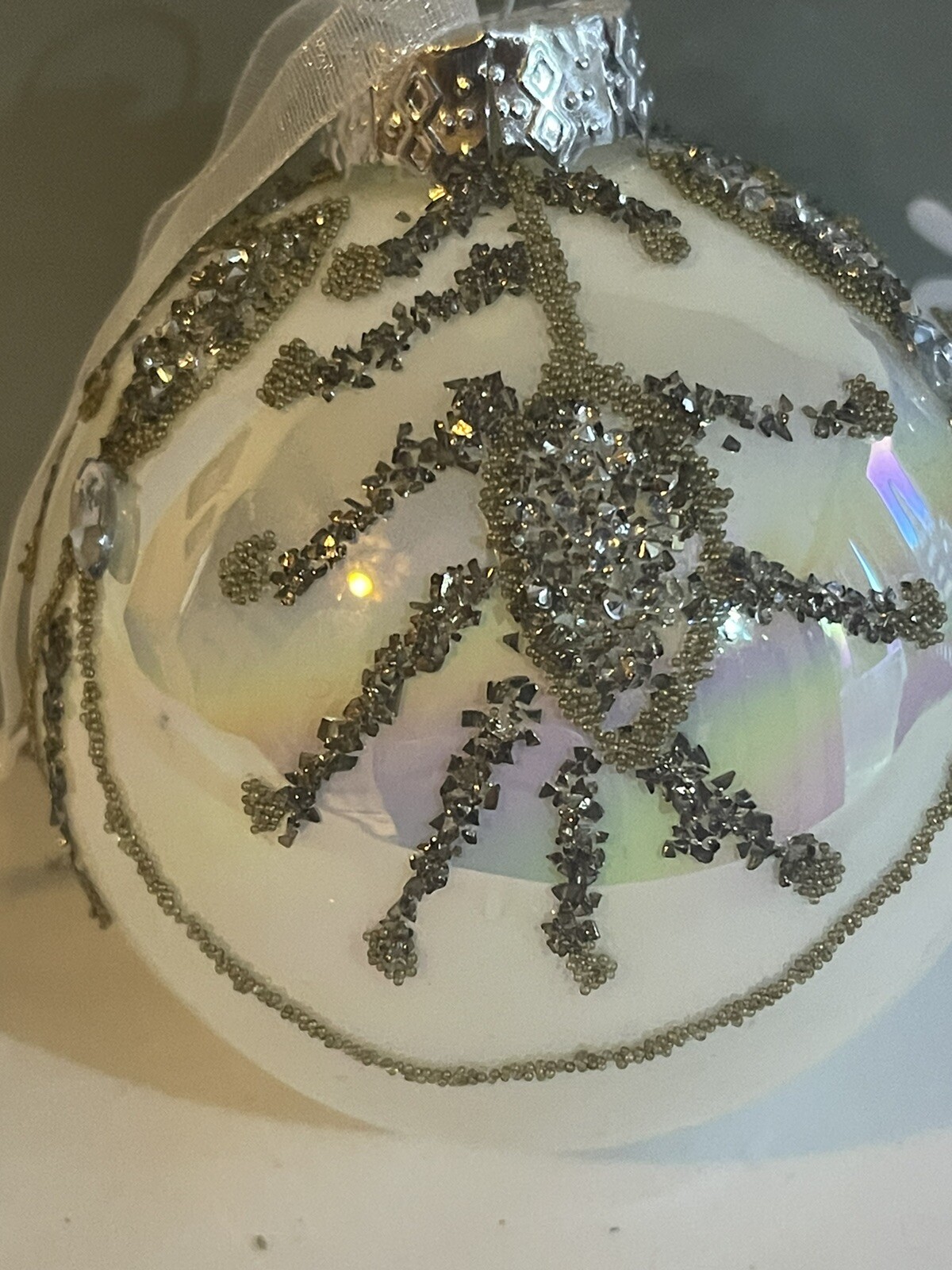 Tinsel And Fir Four Glass Ornaments White Backround Glitter Beads