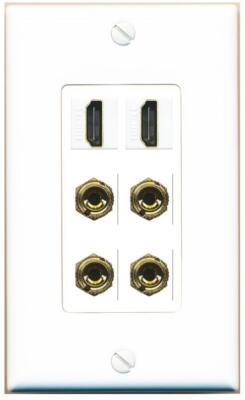 2 Speaker 4 Banana Binding Post Port Wall Plate With 2 HD Jacks 1 Gang White AV
