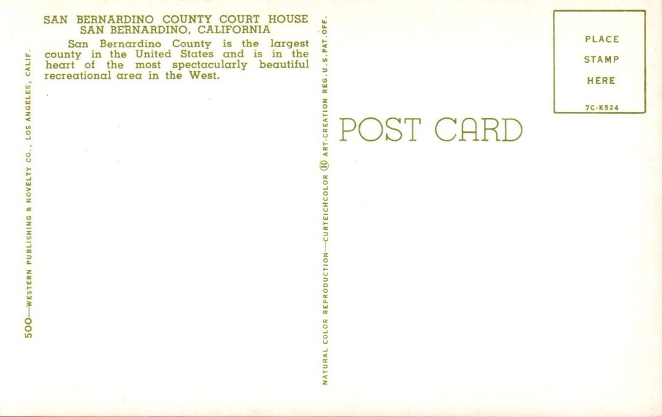 Postcard San Bernardino County Courthouse, San Bernadino, California