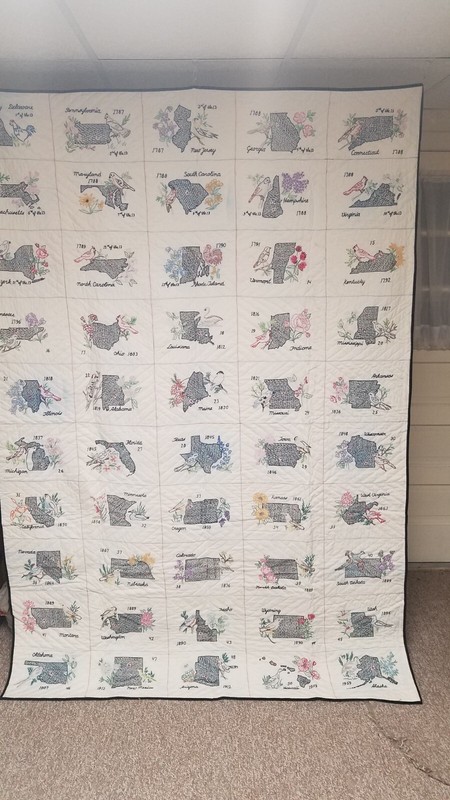 Hand Embroided Hand Quilted State Quilt 86" x 60"