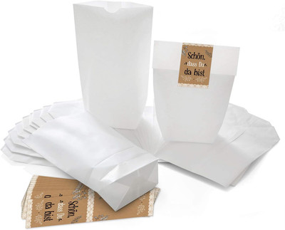 10 kleine weiße Papiertüten + Banderolen SCHÖN DASS DU DA BIST schwarz weiß Spit
