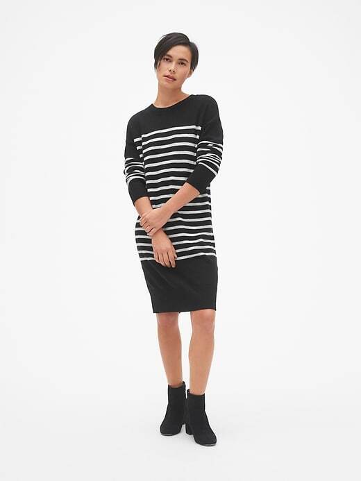 New GAP Women Black White Striped Long Sleeve Crew Neck Sweater Dress S Tall New GAP Women Black White Striped Long Sleeve Crew Neck Sweater Dress S Tall
