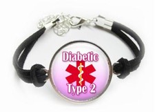 Diabetic Type 2 Medical Alert Bracelet Leatherette Cord Medical Alert Jewelry