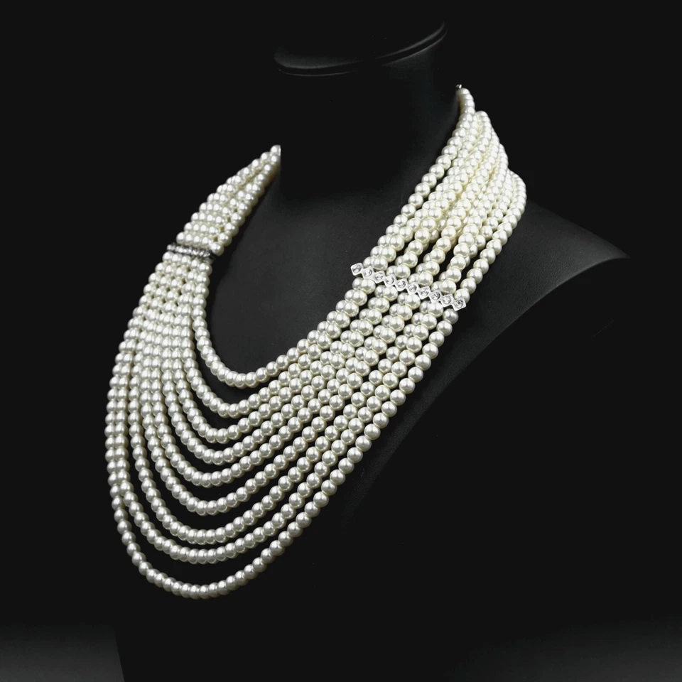 Colar feminino de pérolas brancas com várias camadas de contas de cristal 7121 - Imagem 3 de 4