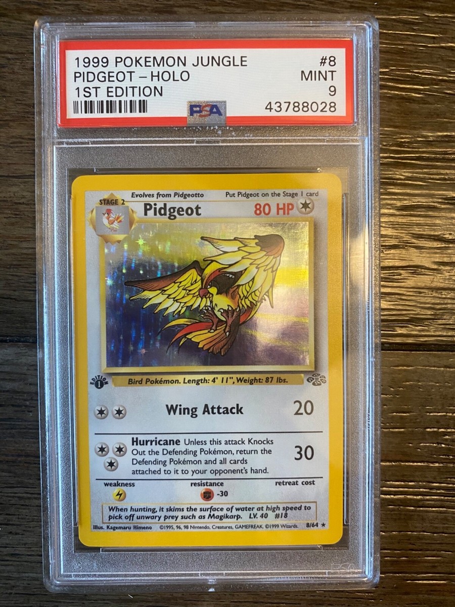 first edition pidgeot pokemon card PSA 91999 JUNGLE PIDGEOT-HOLO 1ST #8 – Colorless Wing Attack (20) Colorless PIDGEOT - 8/64 - 1st