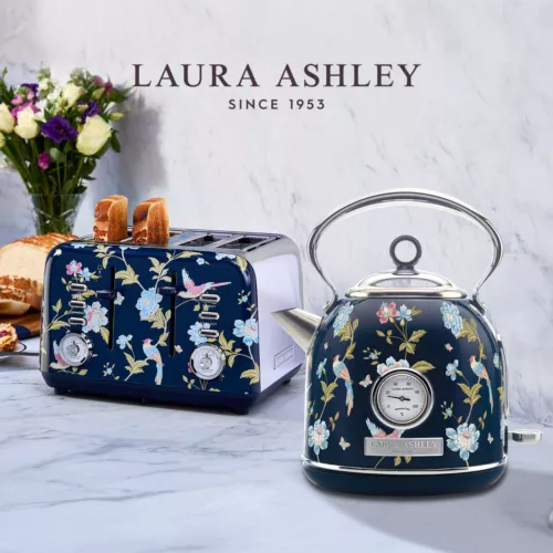 Laura Ashley Elveden Navy 1.7L Kettle & 4-Slice Toaster Set, Fast Boil, Defrost, - Picture 1 of 9