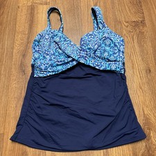 Lands End Blue Color Block Blue Geo Floral Underwire Tankini Swim Top Size 8D