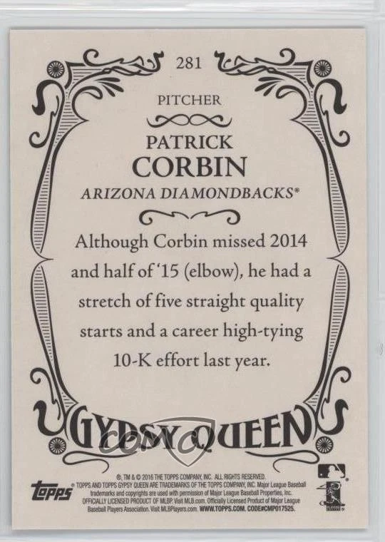 2016 Topps Gypsy Queen Patrick Corbin #281 - Image 2 of 2