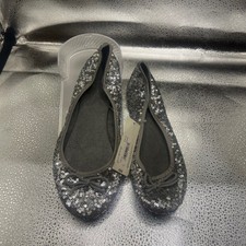 Silver Sequin Ballet Flats Round Toe Bow Accent Sparkly Party Shoes Womens 8