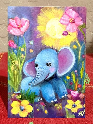 ACEO Elephant Baby Original Mini Abstract Oil Painting Fine Art 3.5x2.5 OOAK
