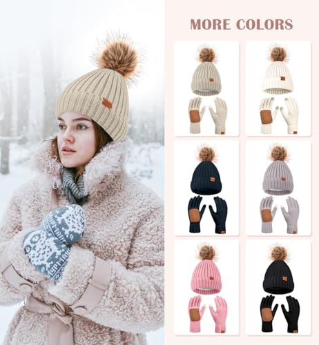 Women\'s Oat Winter Knit Warm Hat Beanie Gloves Set Pom Fleece Lined Hat FZ FANTASTIC ZONE Womens Winter Hat Long Scarf Touch Screen  main image 3