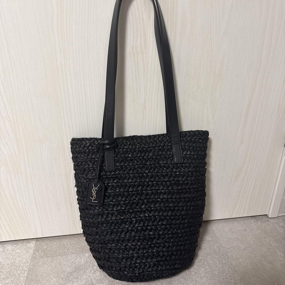YVES SAINT LAURENT YSL Panier Tessuto Rafia Cestino Borsa Tote Bag Nera