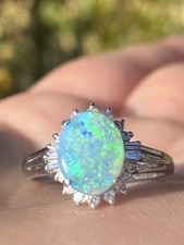 Platinum 1.34TCW Australian Natural Black Opal  Diamonds Ring 5.06 Gr, Size 7