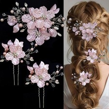 3 PCS Large Flower Bridal Wedding Hair Pins - Crystal Glitter Emboss Pink Flower