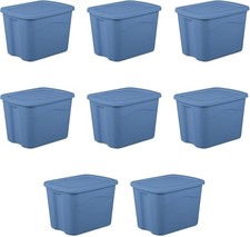 Sterilite 18 Gallon Plastic Storage Bin with Snap on Lid, Light Blue, Pack of 8