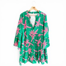 Ladies Long Sleeved Dress Green Pink Print V Neck Knee Length Size 20
