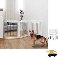 Freestanding Foldable Dog Gate for House Extra Wide Wooden White Indoor Puppy...