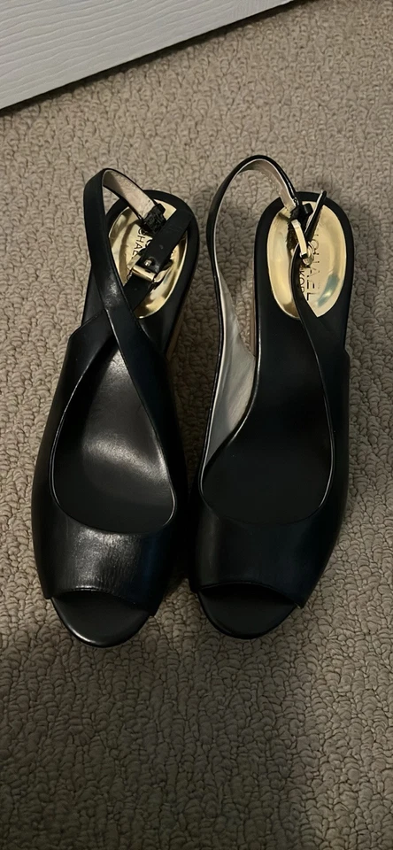 Michael Kors Cuña de Cuero Talla 6.5 Negro Eslinga Trasera Foto 4 de 4