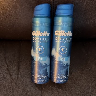 LOT (2) GILLETTE DRYSHIELD COOL WAVE DRY SPRAY ANTIPERSPIRANT, 4.3 oz EXP 08/27 