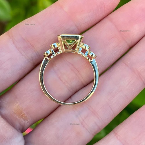 14K Yellow Gold Natural Emerald Cut Peridot & Mini Diamond Ring Handmade Jewelry - Picture 8 of 11