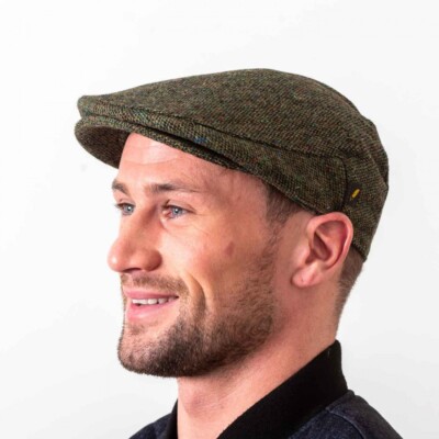 Irish Tweed Flat Cap Hat from Ireland Donegal Tweed Green Salt Pepper Pattern