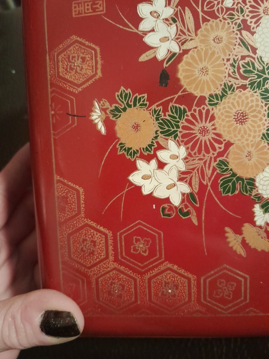 Unique Vintage Japanese Red Lacquer Bento Box Enamel Hand Painted