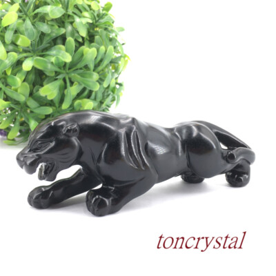 4'' Natural Obsidian Leopard Carved Quartz Crystal Skull Animal Sculpture 1pc